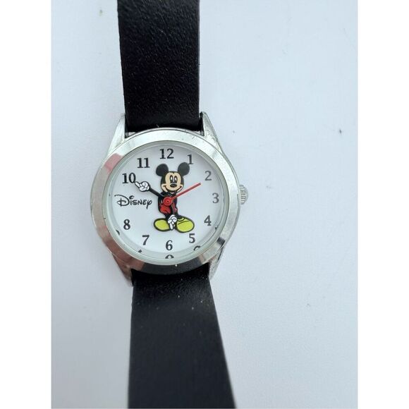 Disney Unisex Black Leather Band Mickey Mouse Round Analog Quartz Wristwatch - Picture 2 of 6